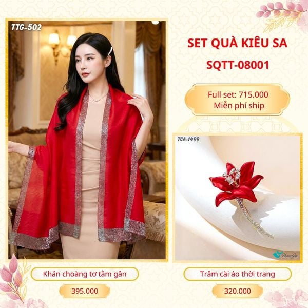 Set Quà Tặng Khăn Choàng Tơ Tằm Gân Cao Cấp Và Trâm Cài Áo Kiêu Sa (SQTT08001)