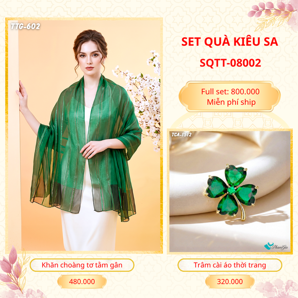 Set Quà Tặng Khăn Choàng Tơ Tằm Gân Cao Cấp Và Trâm Cài Áo Kiêu Sa (SQTT08002)