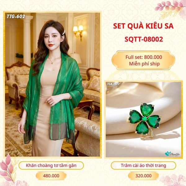 Set Quà Tặng Khăn Choàng Tơ Tằm Gân Cao Cấp Và Trâm Cài Áo Kiêu Sa (SQTT08002)