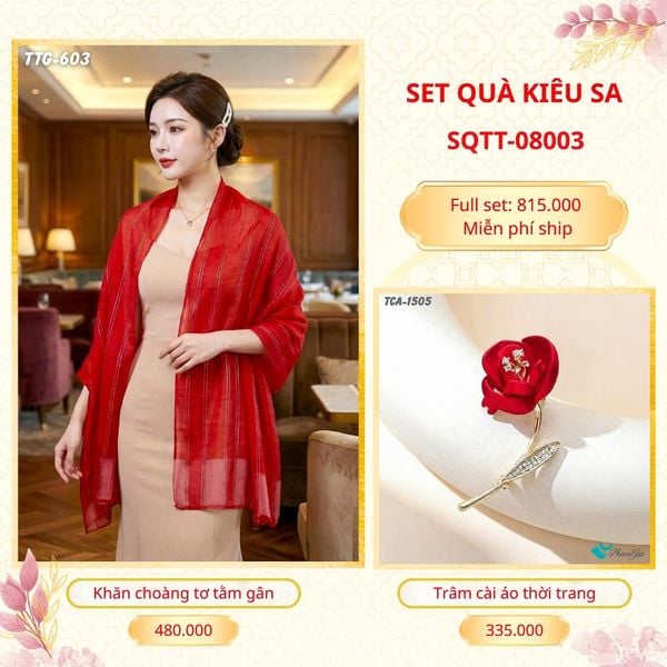 Set Quà Tặng Khăn Choàng Tơ Tằm Gân Cao Cấp Và Trâm Cài Áo Kiêu Sa (SQTT08003)
