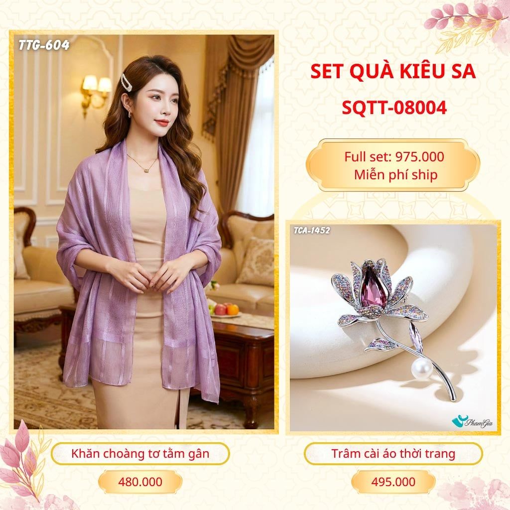 Set Quà Tặng Khăn Choàng Tơ Tằm Gân Cao Cấp Và Trâm Cài Áo Kiêu Sa (SQTT08004)