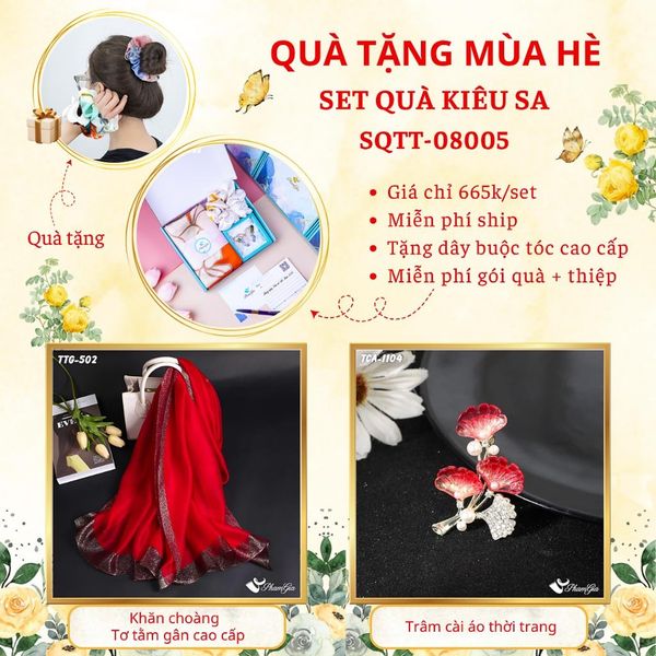 Quà Tặng Mùa Hè - Set Quà Tặng Khăn Choàng Tơ Tằm Gân Cao Cấp Và Ghim Cài Áo Kiêu Sa (SQTT08005)