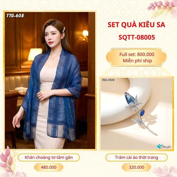 Set Quà Tặng Khăn Choàng Tơ Tằm Gân Cao Cấp Và Trâm Cài Áo Kiêu Sa (SQTT08005)