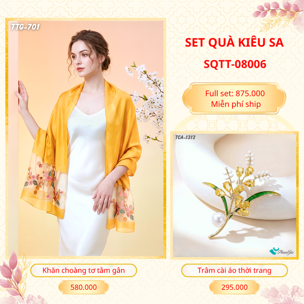 Set Quà Tặng Khăn Choàng Tơ Tằm Gân Cao Cấp Và Trâm Cài Áo Kiêu Sa (SQTT08006)