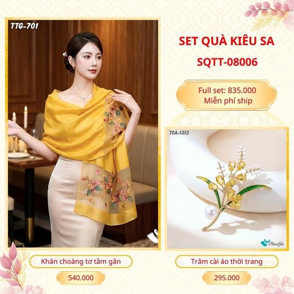 Set Quà Tặng Khăn Choàng Tơ Tằm Gân Cao Cấp Và Trâm Cài Áo Kiêu Sa (SQTT08006)
