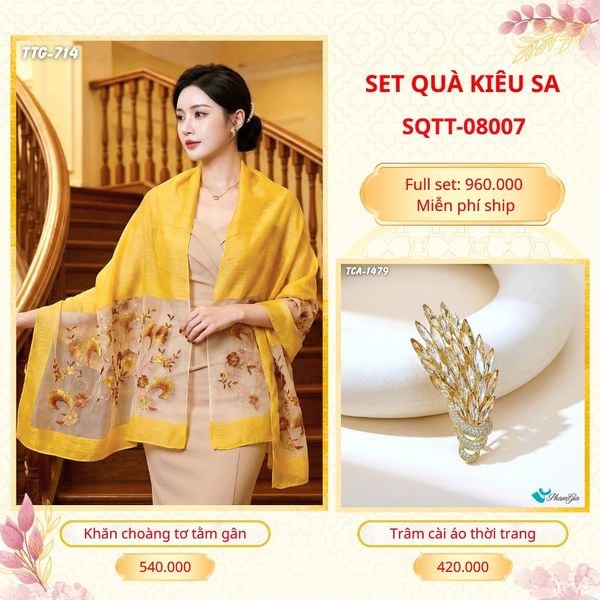 Set Quà Tặng Khăn Choàng Tơ Tằm Gân Cao Cấp Và Trâm Cài Áo Kiêu Sa (SQTT08007)