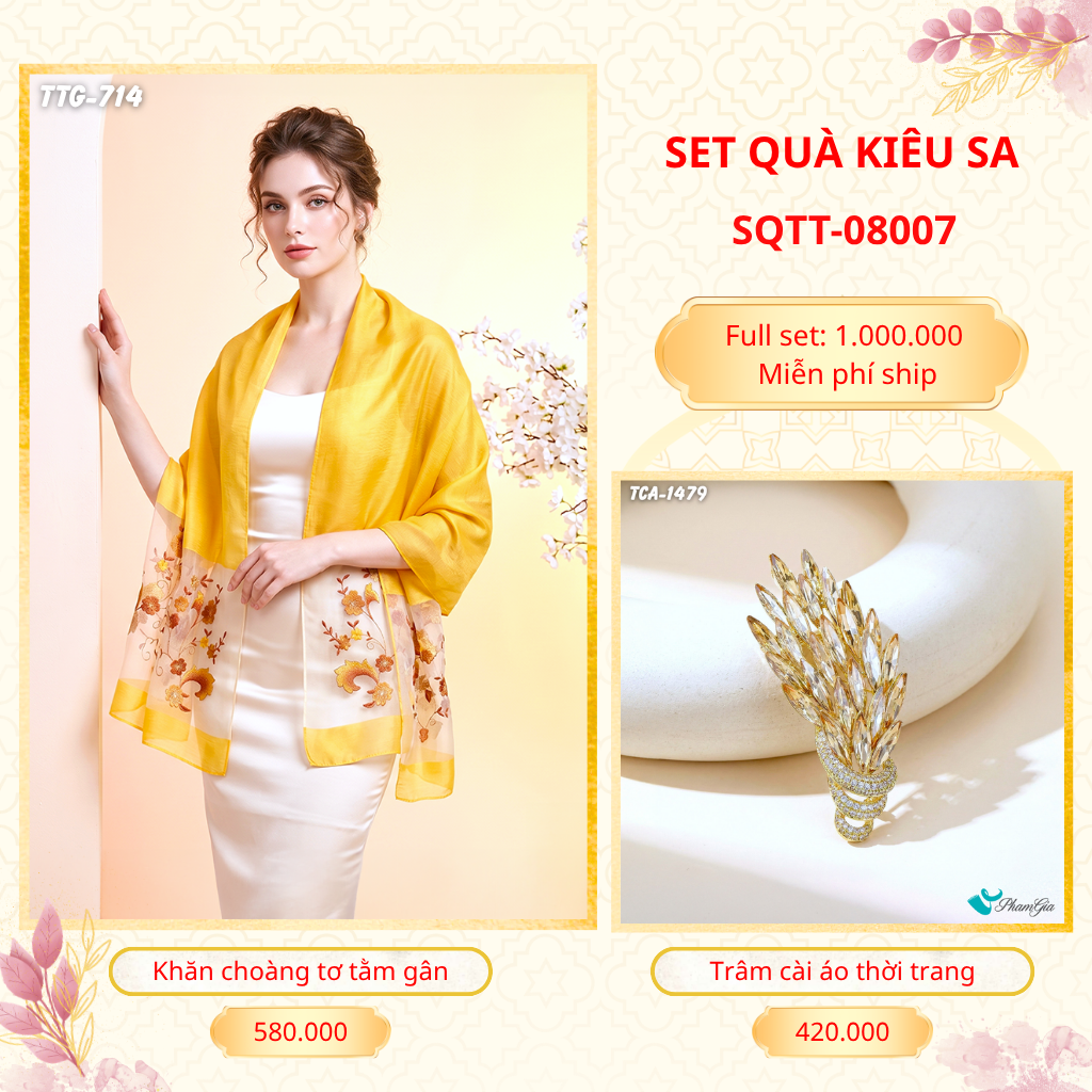 Set Quà Tặng Khăn Choàng Tơ Tằm Gân Cao Cấp Và Trâm Cài Áo Kiêu Sa (SQTT08007)