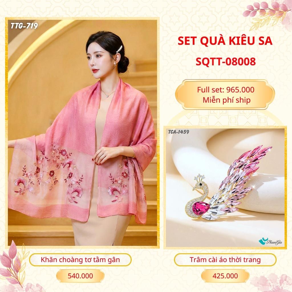 Set Quà Tặng Khăn Choàng Tơ Tằm Gân Cao Cấp Và Trâm Cài Áo Kiêu Sa (SQTT08008)