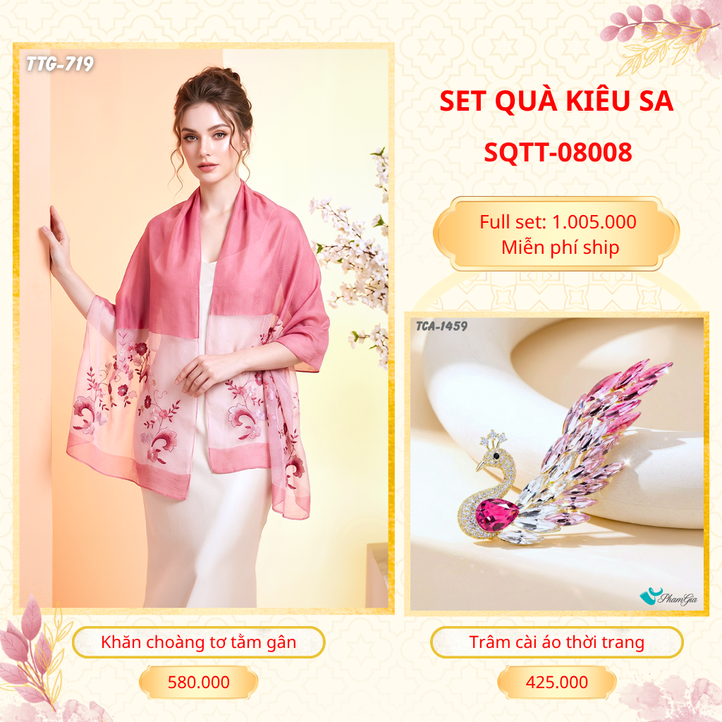 Set Quà Tặng Khăn Choàng Tơ Tằm Gân Cao Cấp Và Trâm Cài Áo Kiêu Sa (SQTT08008)