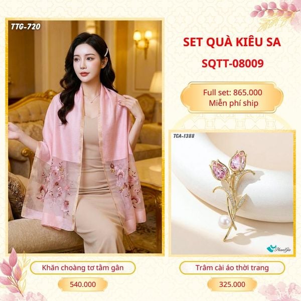 Set Quà Tặng Khăn Choàng Tơ Tằm Gân Cao Cấp Và Trâm Cài Áo Kiêu Sa (SQTT08009)