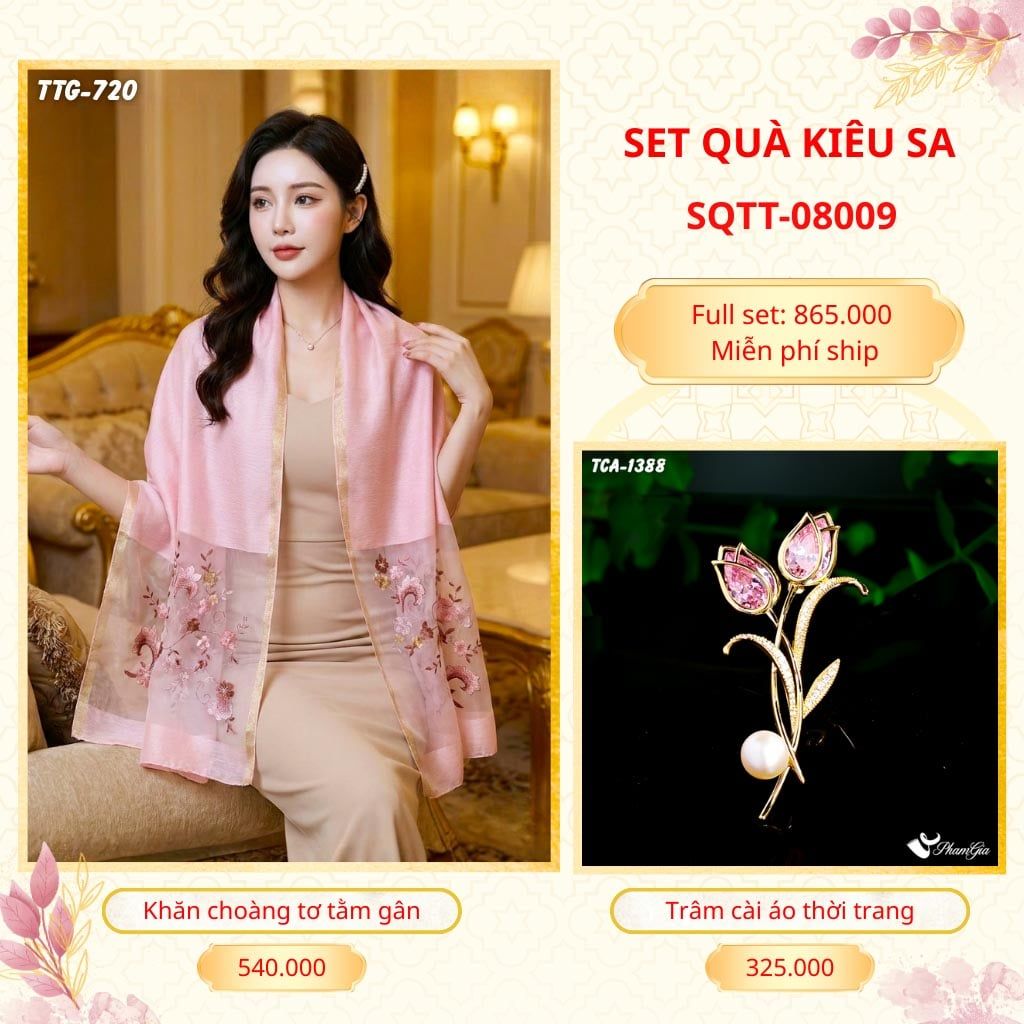 Set Quà Tặng Khăn Choàng Tơ Tằm Gân Cao Cấp Và Trâm Cài Áo Kiêu Sa (SQTT08009)
