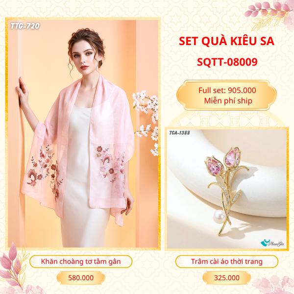 Set Quà Tặng Khăn Choàng Tơ Tằm Gân Cao Cấp Và Trâm Cài Áo Kiêu Sa (SQTT08009)