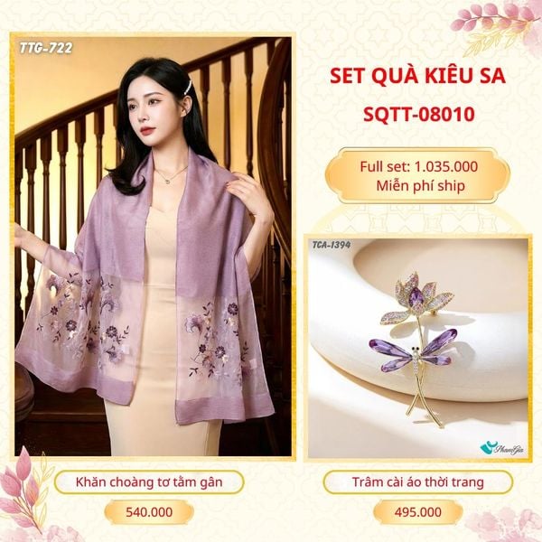 Set Quà Tặng Khăn Choàng Tơ Tằm Gân Cao Cấp Và Trâm Cài Áo Kiêu Sa (SQTT08010)