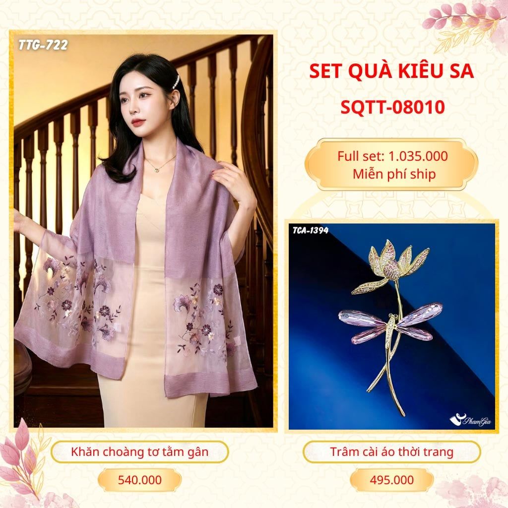 Set Quà Tặng Khăn Choàng Tơ Tằm Gân Cao Cấp Và Trâm Cài Áo Kiêu Sa (SQTT08010)