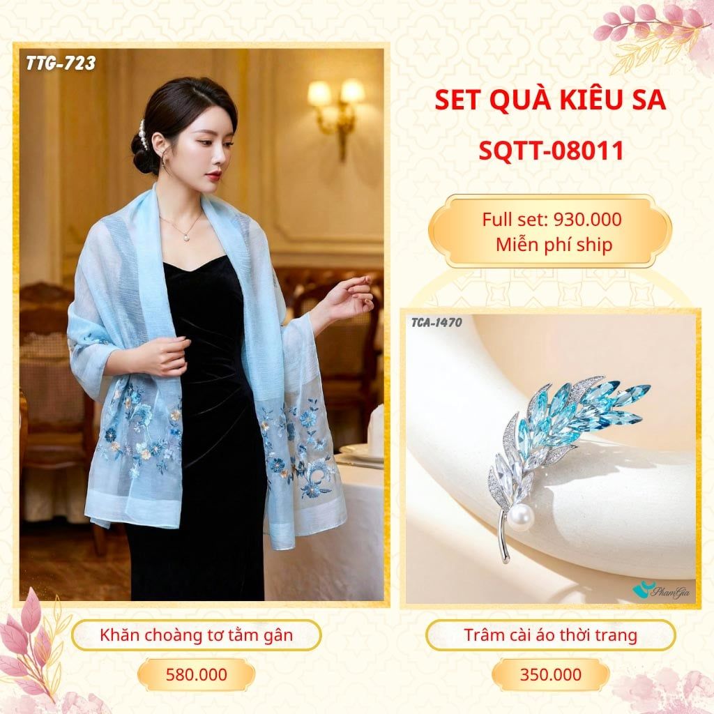 Set Quà Tặng Khăn Choàng Tơ Tằm Gân Cao Cấp Và Trâm Cài Áo Kiêu Sa (SQTT08011)