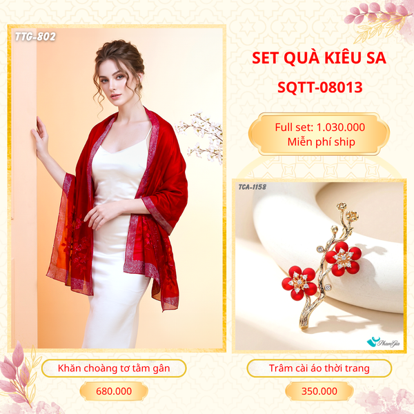 Set Quà Tặng Khăn Choàng Tơ Tằm Gân Cao Cấp Và Trâm Cài Áo Kiêu Sa (SQTT08013)
