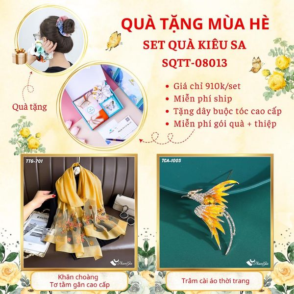 Quà Tặng Mùa Hè - Set Quà Tặng Khăn Choàng Tơ Tằm Gân Cao Cấp Và Ghim Cài Áo Kiêu Sa (SQTT08013)