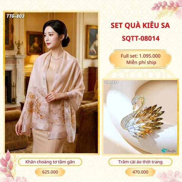 Set Quà Tặng Khăn Choàng Tơ Tằm Gân Cao Cấp Và Trâm Cài Áo Kiêu Sa (SQTT08014)