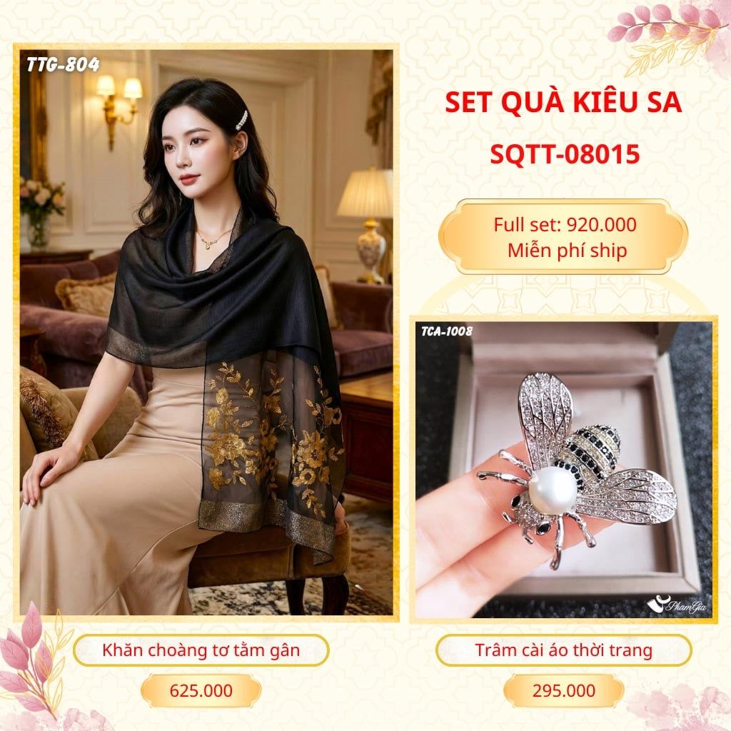 Set Quà Tặng Khăn Choàng Tơ Tằm Gân Cao Cấp Và Trâm Cài Áo Kiêu Sa (SQTT08015)