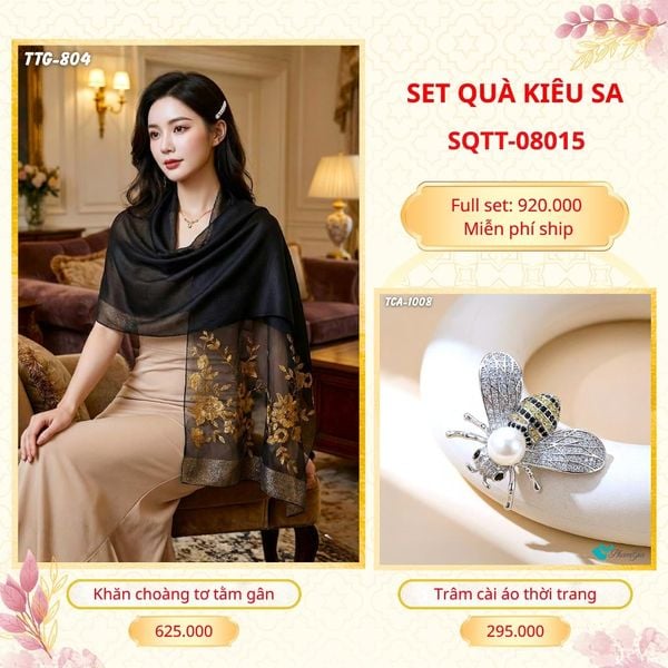 Set Quà Tặng Khăn Choàng Tơ Tằm Gân Cao Cấp Và Trâm Cài Áo Kiêu Sa (SQTT08015)