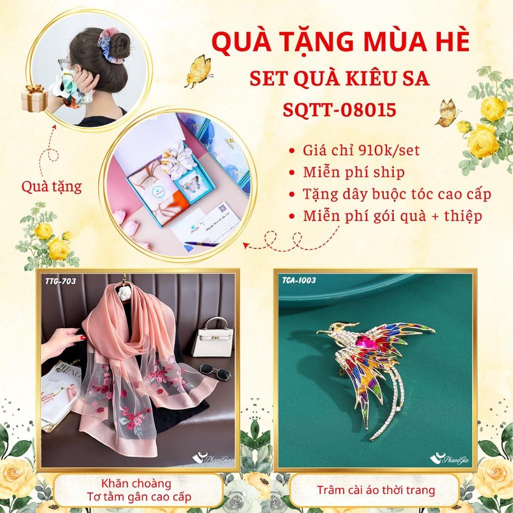 Quà Tặng Mùa Hè - Set Quà Tặng Khăn Choàng Tơ Tằm Gân Cao Cấp Và Ghim Cài Áo Kiêu Sa (SQTT08015)
