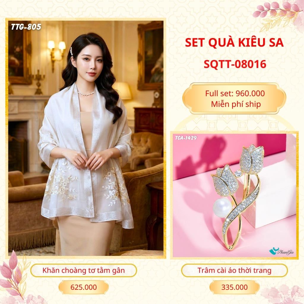 Set Quà Tặng Khăn Choàng Tơ Tằm Gân Cao Cấp Và Trâm Cài Áo Kiêu Sa (SQTT08016)