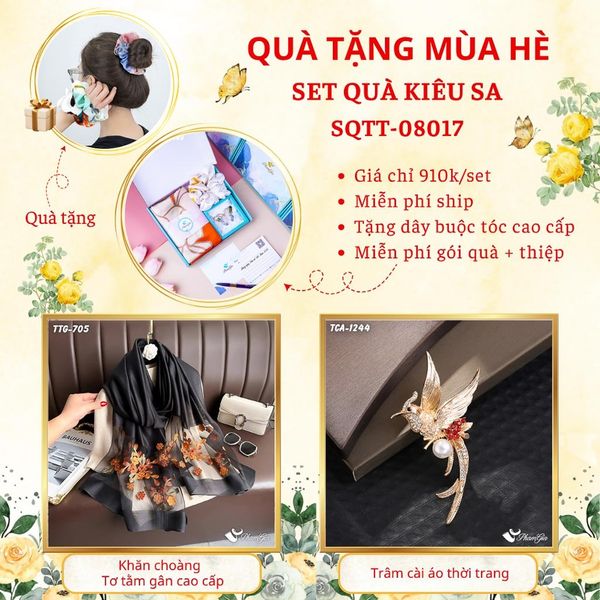 Quà Tặng Mùa Hè - Set Quà Tặng Khăn Choàng Tơ Tằm Gân Cao Cấp Và Ghim Cài Áo Kiêu Sa (SQTT08017)