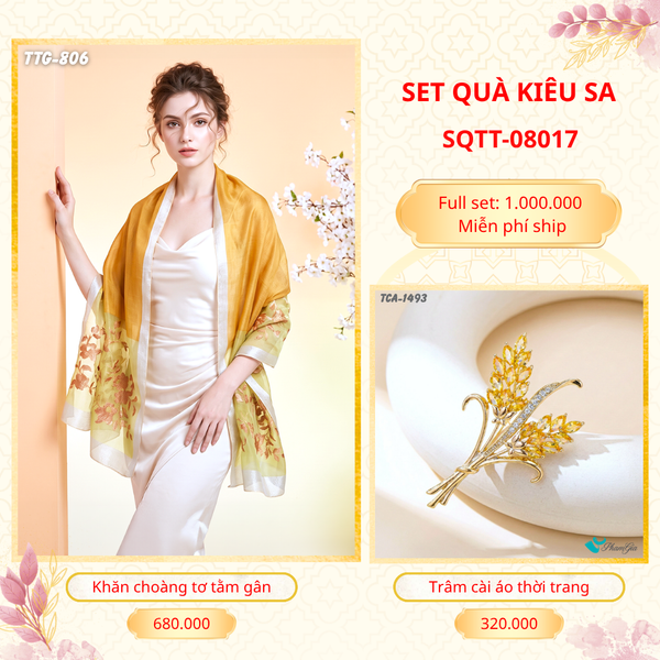 Set Quà Tặng Khăn Choàng Tơ Tằm Gân Cao Cấp Và Trâm Cài Áo Kiêu Sa (SQTT08017)