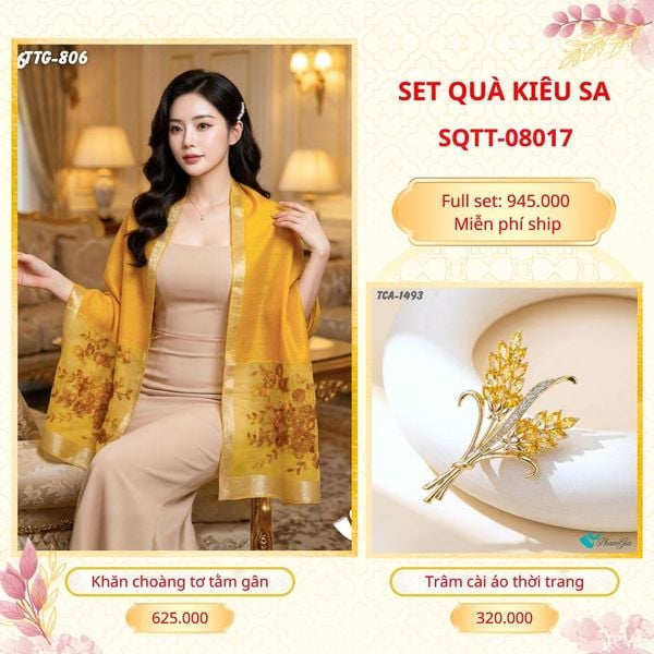 Set Quà Tặng Khăn Choàng Tơ Tằm Gân Cao Cấp Và Trâm Cài Áo Kiêu Sa (SQTT08017)