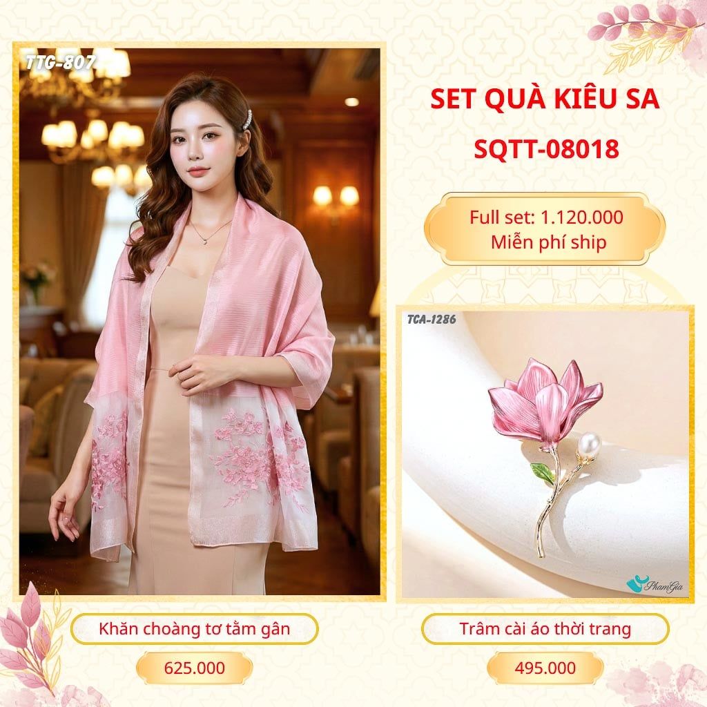Set Quà Tặng Khăn Choàng Tơ Tằm Gân Cao Cấp Và Trâm Cài Áo Kiêu Sa (SQTT08018)