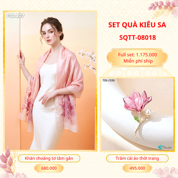 Set Quà Tặng Khăn Choàng Tơ Tằm Gân Cao Cấp Và Trâm Cài Áo Kiêu Sa (SQTT08018)