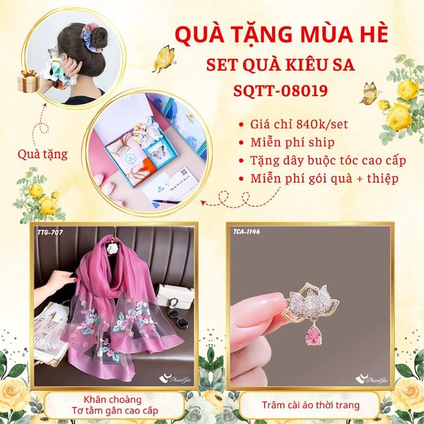 Quà Tặng Mùa Hè - Set Quà Tặng Khăn Choàng Tơ Tằm Gân Cao Cấp Và Ghim Cài Áo Kiêu Sa (SQTT08019)