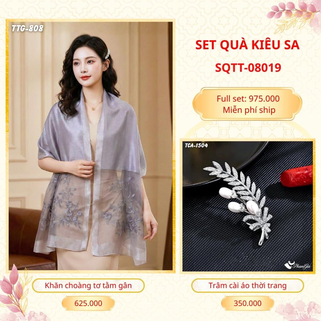 Set Quà Tặng Khăn Choàng Tơ Tằm Gân Cao Cấp Và Trâm Cài Áo Kiêu Sa (SQTT08019)