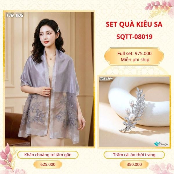 Set Quà Tặng Khăn Choàng Tơ Tằm Gân Cao Cấp Và Trâm Cài Áo Kiêu Sa (SQTT08019)