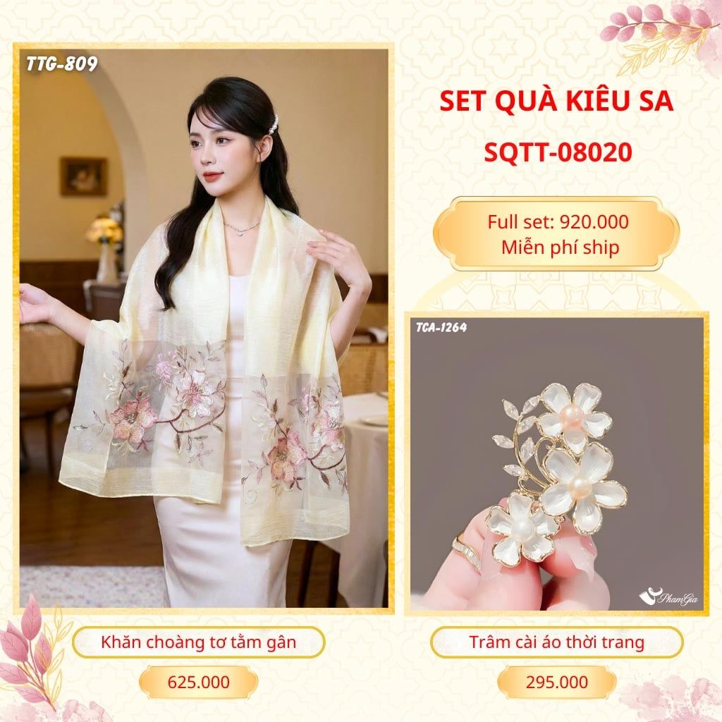Set Quà Tặng Khăn Choàng Tơ Tằm Gân Cao Cấp Và Trâm Cài Áo Kiêu Sa (SQTT08020)