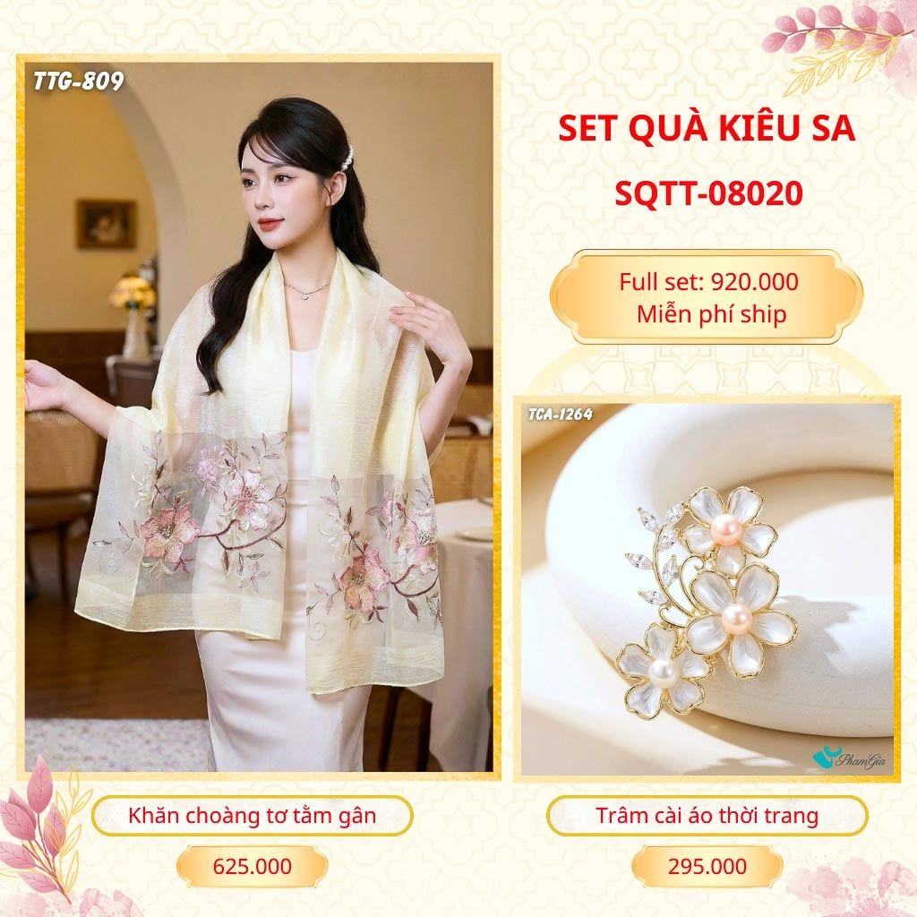 Set Quà Tặng Khăn Choàng Tơ Tằm Gân Cao Cấp Và Trâm Cài Áo Kiêu Sa (SQTT08020)