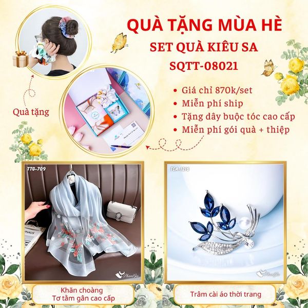 Quà Tặng Mùa Hè - Set Quà Tặng Khăn Choàng Tơ Tằm Gân Cao Cấp Và Ghim Cài Áo Kiêu Sa (SQTT08021)