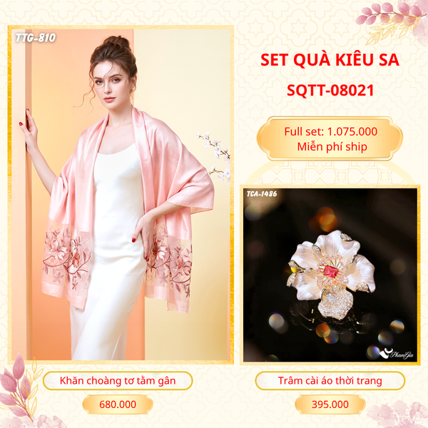 Set Quà Tặng Khăn Choàng Tơ Tằm Gân Cao Cấp Và Trâm Cài Áo Kiêu Sa (SQTT08021)