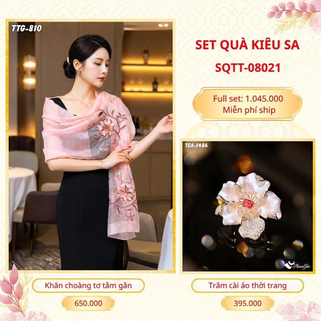Set Quà Tặng Khăn Choàng Tơ Tằm Gân Cao Cấp Và Trâm Cài Áo Kiêu Sa (SQTT08021)