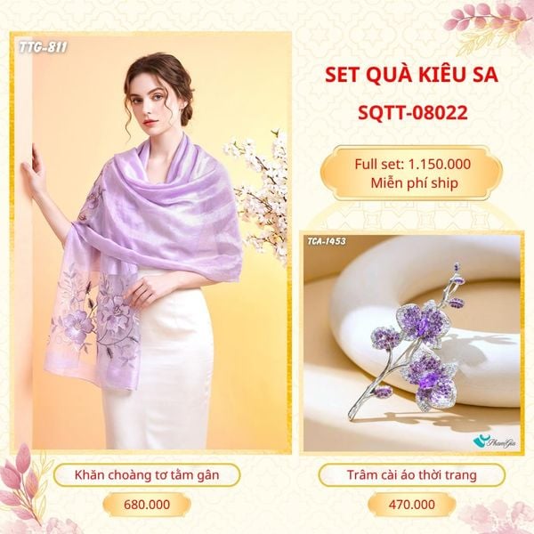 Set Quà Tặng Khăn Choàng Tơ Tằm Gân Cao Cấp Và Trâm Cài Áo Kiêu Sa (SQTT08022)