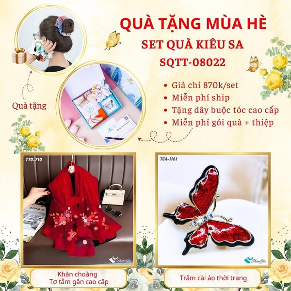 Quà Tặng Mùa Hè - Set Quà Tặng Khăn Choàng Tơ Tằm Gân Cao Cấp Và Ghim Cài Áo Kiêu Sa (SQTT08022)