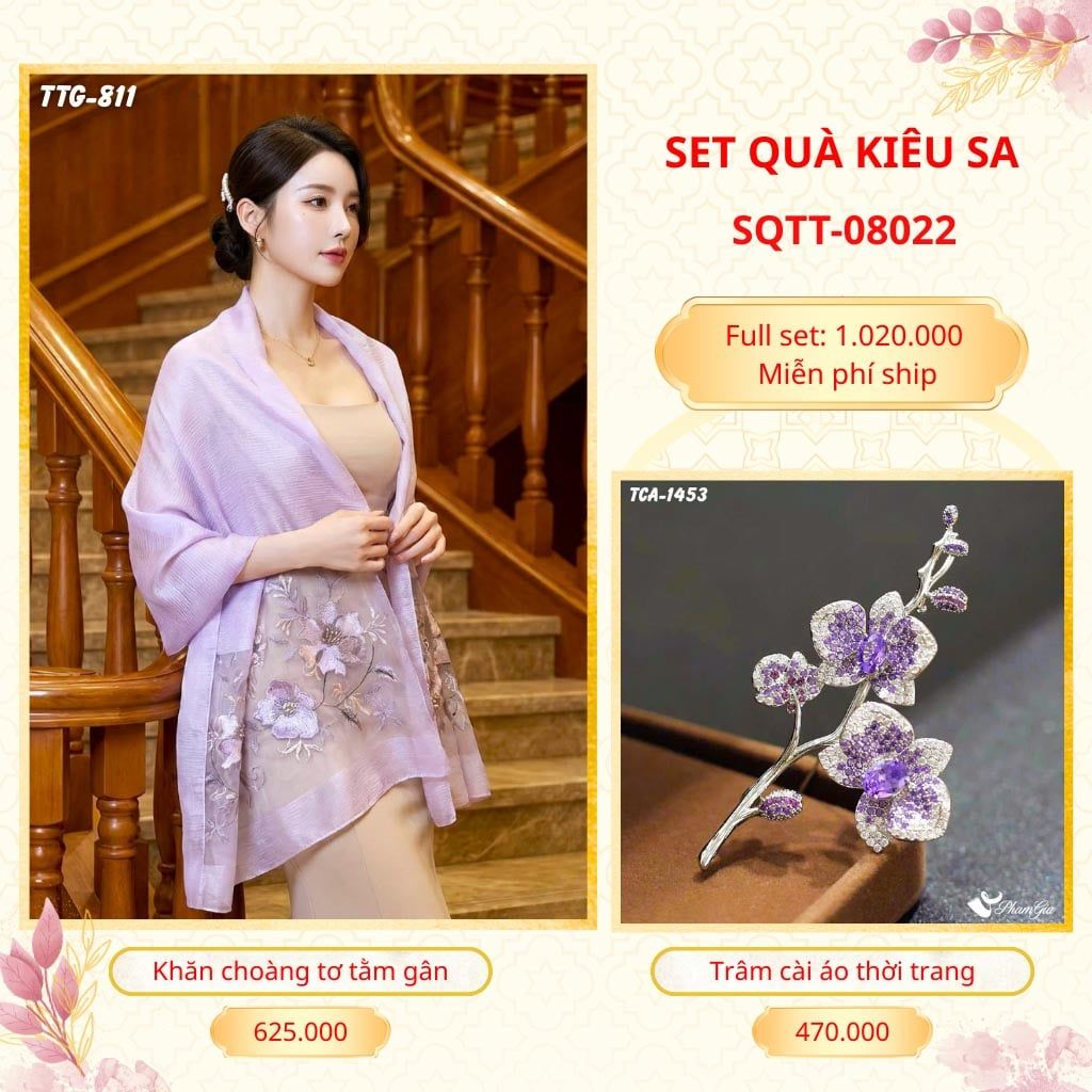 Set Quà Tặng Khăn Choàng Tơ Tằm Gân Cao Cấp Và Trâm Cài Áo Kiêu Sa (SQTT08022)