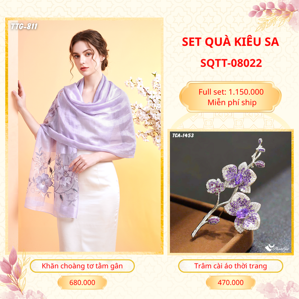 Set Quà Tặng Khăn Choàng Tơ Tằm Gân Cao Cấp Và Trâm Cài Áo Kiêu Sa (SQTT08022)