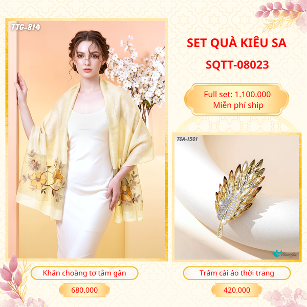 Set Quà Tặng Khăn Choàng Tơ Tằm Gân Cao Cấp Và Trâm Cài Áo Kiêu Sa (SQTT08023)