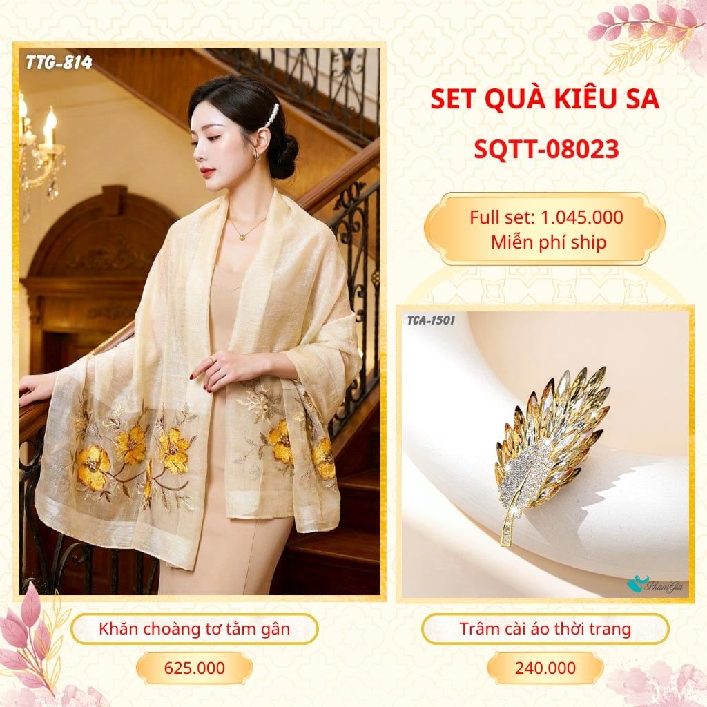 Set Quà Tặng Khăn Choàng Tơ Tằm Gân Cao Cấp Và Trâm Cài Áo Kiêu Sa (SQTT08023)