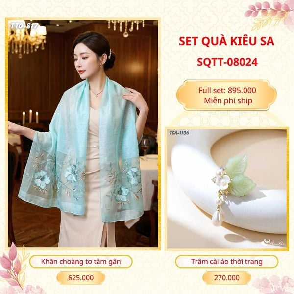Set Quà Tặng Khăn Choàng Tơ Tằm Gân Cao Cấp Và Trâm Cài Áo Kiêu Sa (SQTT08024)