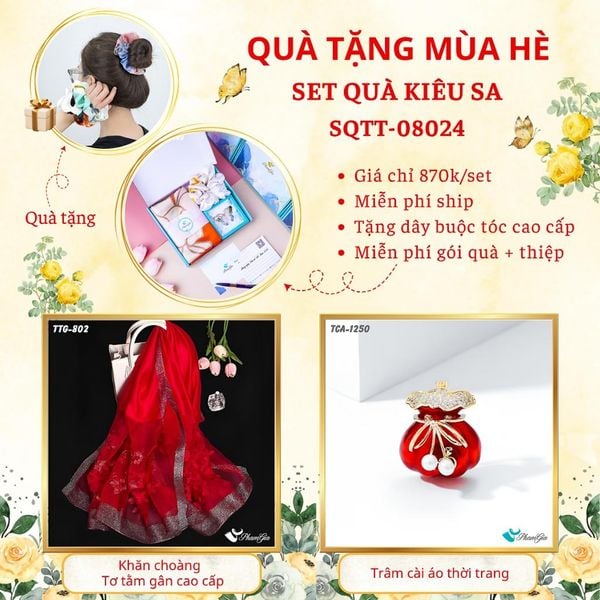 Quà Tặng Mùa Hè - Set Quà Tặng Khăn Choàng Tơ Tằm Gân Cao Cấp Và Ghim Cài Áo Kiêu Sa (SQTT08024)