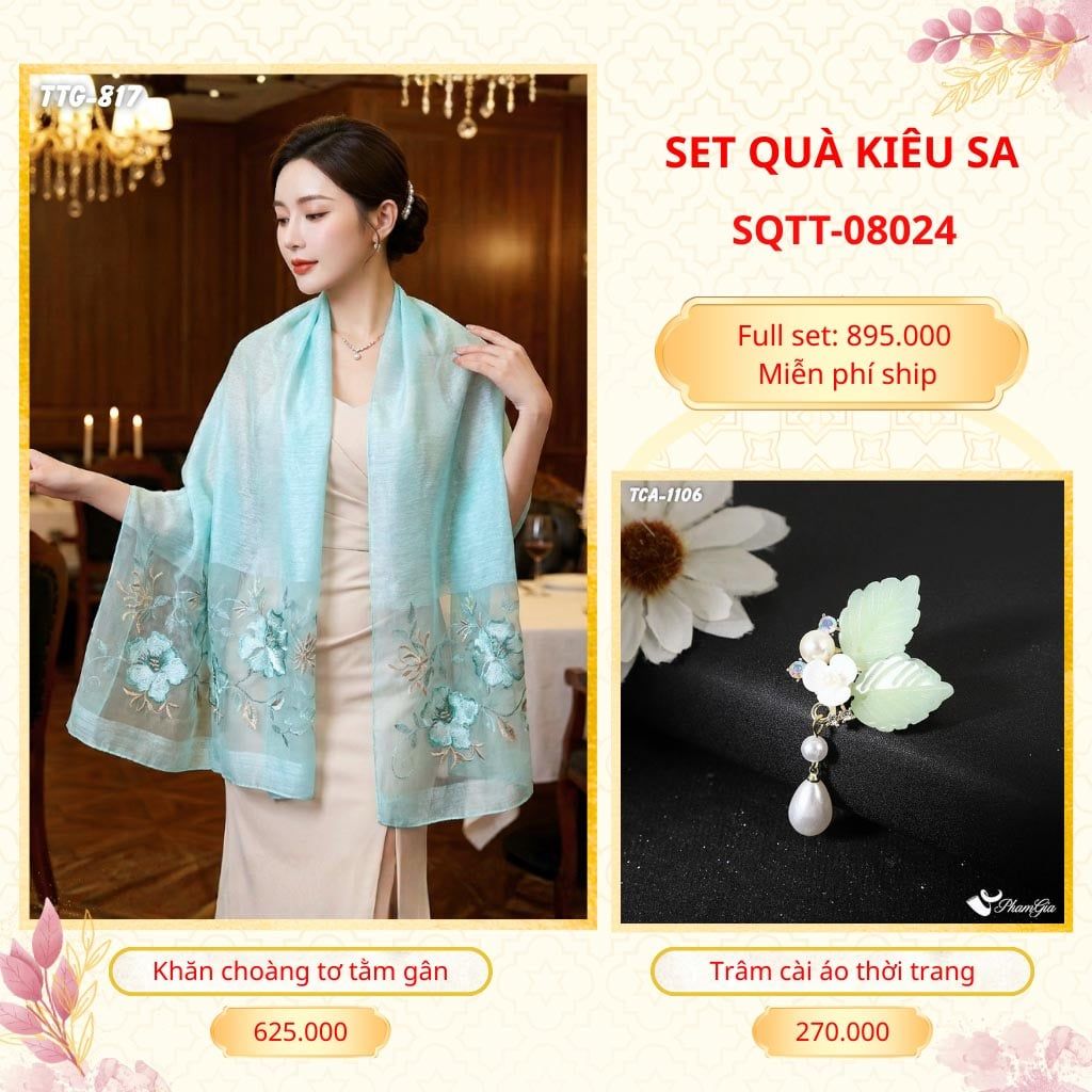 Set Quà Tặng Khăn Choàng Tơ Tằm Gân Cao Cấp Và Trâm Cài Áo Kiêu Sa (SQTT08024)