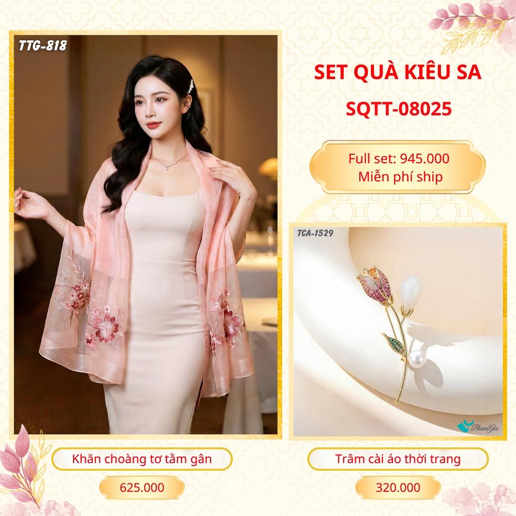 Set Quà Tặng Khăn Choàng Tơ Tằm Gân Cao Cấp Và Trâm Cài Áo Kiêu Sa (SQTT08025)