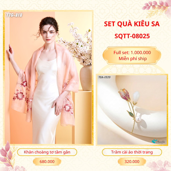 Set Quà Tặng Khăn Choàng Tơ Tằm Gân Cao Cấp Và Trâm Cài Áo Kiêu Sa (SQTT08025)